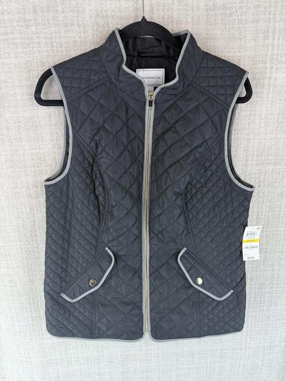Charter Club Vest Womens M Black Quilted Collared Lined Full Zip Pockets
